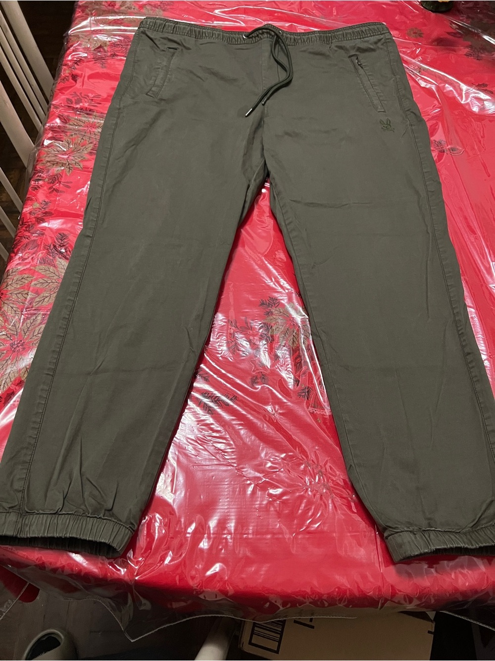 Psycho Bunny Mens XL Olive Green Sweatpants Taupe Drawstring Logo Jogger